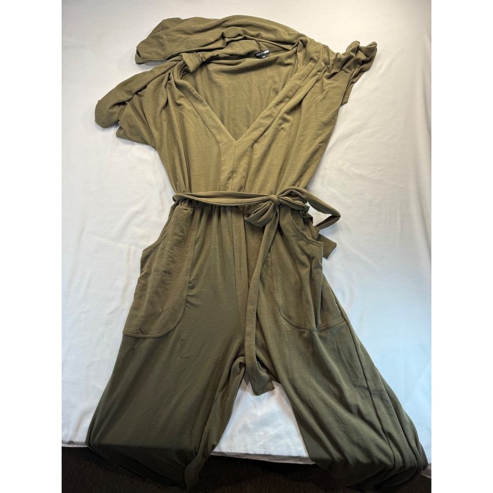 Fashion Nova Womens Jumpsuit 2XL Olive Green Hooded V-Neck Belted Wide Leg Knit